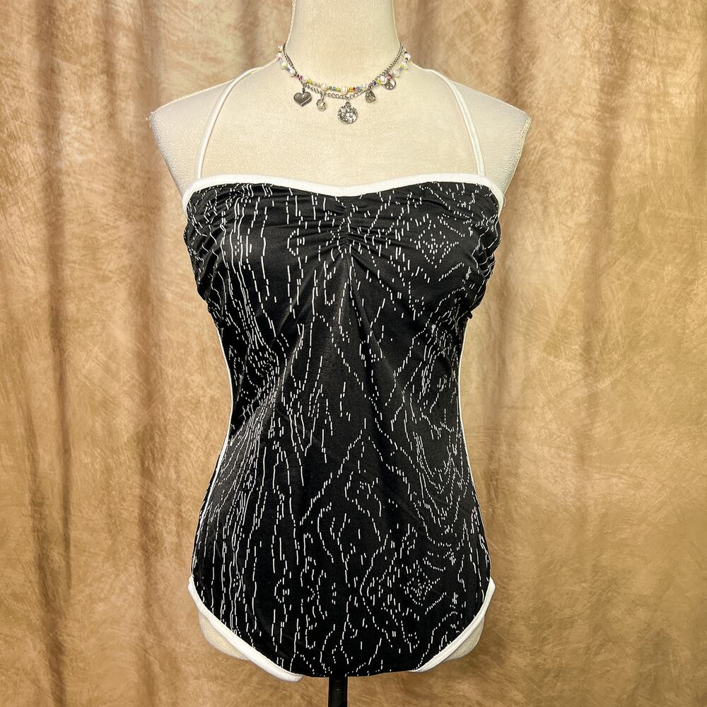 Vintage 80s One Piece Swimsuit Black Geometric Print Halter Union Made Beach